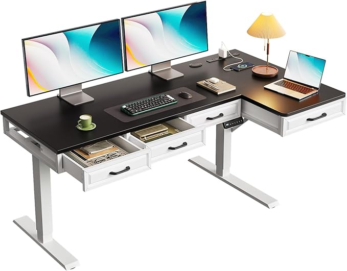 OffiGo L Shaped Electric Standing Desk with Wooden Drawers, 55 Inch Height Adjustable Corner Workstation with Power Outlets, Sit Stand Table for Home, Office, White+Black