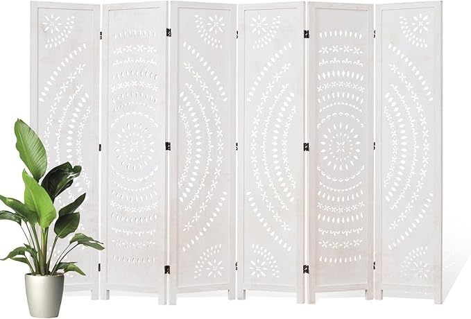 66.9Inch Folding Room Divider, 6 Panels Wood Carved Privacy Screens, Free Assembled Freestanding Partition for Home Office Restaurant Bedroom (White-Washed)