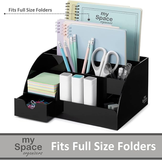 My Space Organizers Black Desk Organizer with 9 Compartments - Desktop Office Supplies and Desk Accessories Organizer