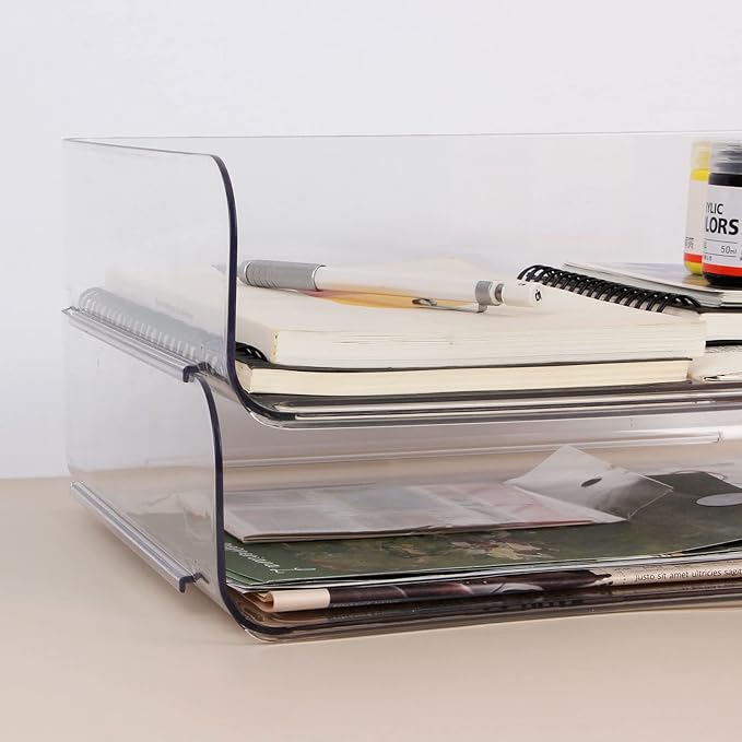 Zyners 2 Pack Stackable Desk Letter Paper Tray, A4 Clear Plastic Desk File Organizer Letter Tray, Desktop File Paper Organizer with Anti-Skid Design for Office Desktop