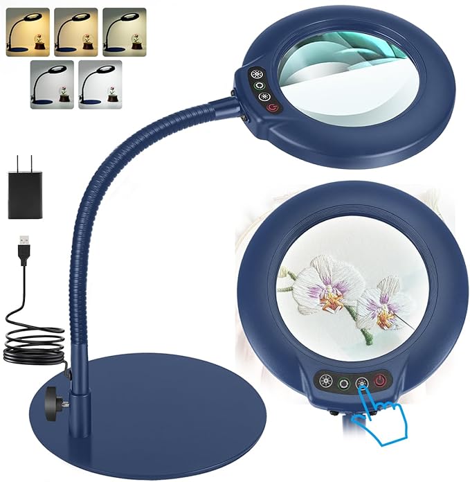 IVMAIE 10X Magnifying Glass with Light, Real Glass Lens, 5 Color Modes Dimmable, Flexible Gooseneck Lighted Magnifier with Stand, LED Desk Lamp Hands Free for Crafts Painting Reading Close Work, Blue
