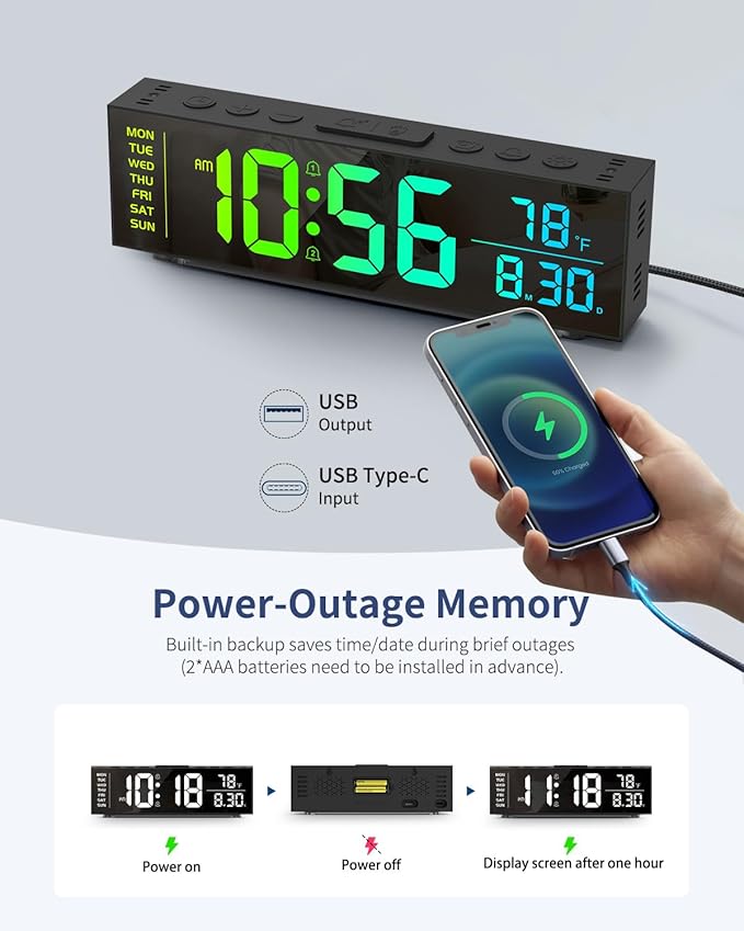 Digital Clock, Alarm Clock for Bedroom, Digital Wall Clocks for Classroom, Living Room Decor, Desk Clock Large Display, 13 Number Display Colors, 12 Ambient Light Colors, Auto Dimming, DST (Black)