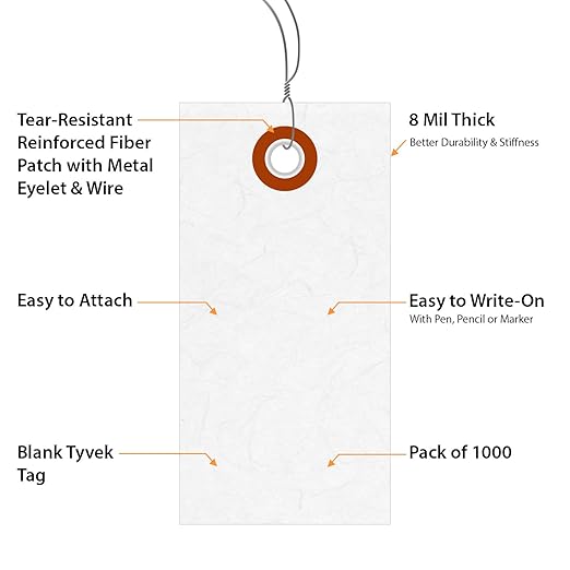 SmartSign (Pack of 1000) 3.25 x 1.625 inch “White” Blank Tyvek Shipping Tags with Wire, Size #2, 8 mil Thick Tyvek