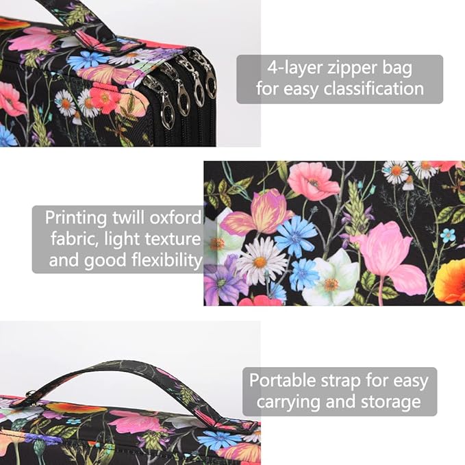 Vomgomfom Colored Pencil Case - 200 Slots Pencil Holder with Zipper Closure Twill Fabric Large Capacity Pencil Case for Watercolor Pens or Markers, Pencil Case Organizer for Artist (Black Flower)