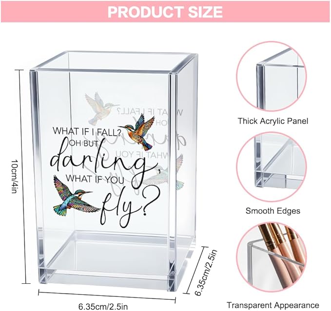 Vgrti What If I Fall What If You Fly Acrylic Cosmetic Pencil Pen Holder Cup, Hummingbird Lover Gifts Desk Organizer Accessory for Office Decor, Inspirational Gifts for Women Girl Coworker Boss Friend