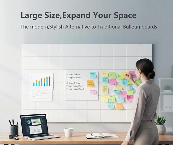 G Gamit Large Felt Wall Tiles Bulletin Board 59”x36”,Large Cork Board Alternative with 60 Pushpins, 15-Pack Felt Pin Board with 112 Safe Removable Adhesive Tabs for Home Office School (White)