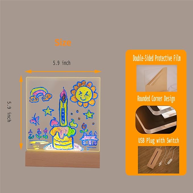 FRELWIM 5.9 x 5.9 Inch Warm LED Message Memo Note Board with Colors, Clear Acrylic Desktop Light Up Dry Erase Drawing Writing Board with Stand