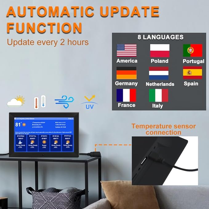 TIMEMOON Digtial Calendar Clock with Day and Date Alarm Clock with Weather Temperature Humidify Alzheimers Elderly Auto Dimmable 8 Alarm Options (10.1 Inch Black)