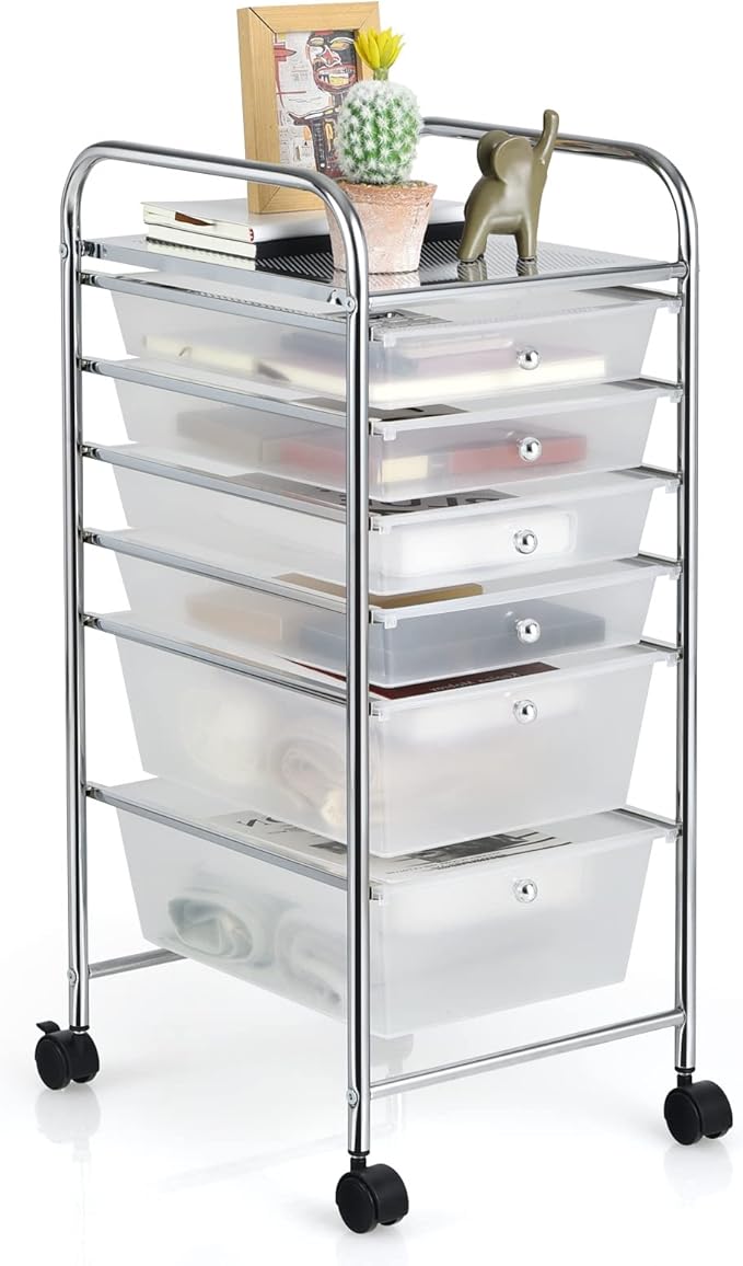 RELAX4LIFE 6-Drawer Rolling Storage Cart - Classroom Organization on Wheels w/Removable Plastic Drawers, Mobile Art Craft Cart for School Paper Home Office, Utility Cart with Drawers (Clear)