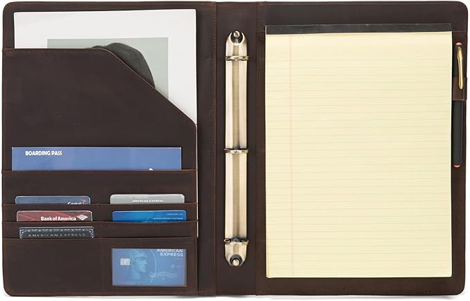 Geslun Personalized Genuine Leather 3 Ring Binder, Custom Engraved 8.5 x 11 Letter Size Folio with Pen Holder, Soft Notebook Portfolio Cover, Notepad Padfolio Organizer for Meeting, Dark Brown