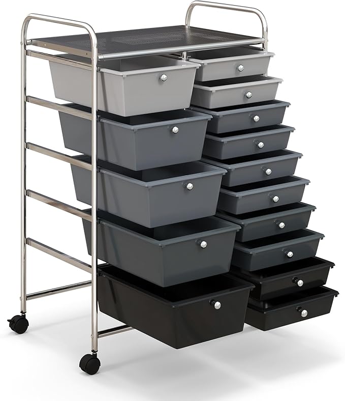 HAPPYGRILL 15-Drawer Rolling Cart, Storage Carts with Removable Drawers & Steel Frame, Utility Cart on Lockable Wheels for Home, School, Office, Black Gradient