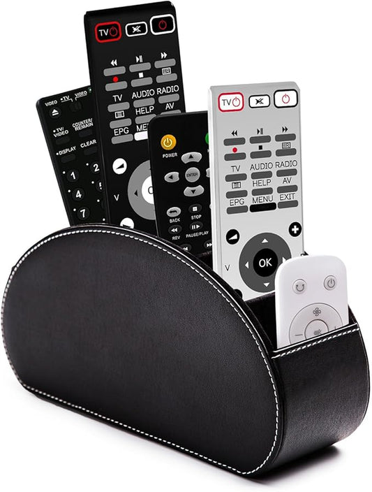 BONNY DODO Remote Control Holders Organizer Box with 5 Compartment PU Leather Multi-functional Office Desk Storage Caddy Store Tv Remote for Media Player,Brush,Pencil,Glassees&Office Supplies (BlACK)