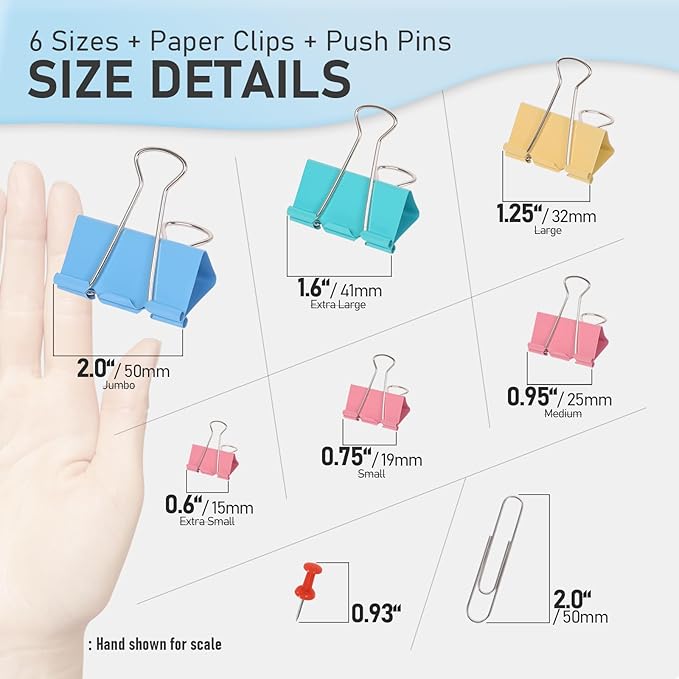 WORPSON 408 PCS Binder Clips Paper Clamps Assorted Sizes and Push Pins, Binding Paperwork Clamp Bulk, School Teachers Office Supplies (Multicolor)
