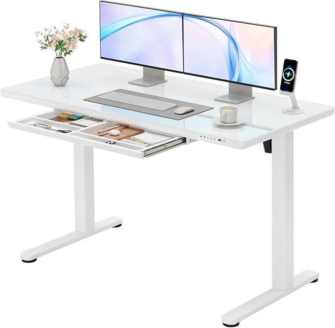 Furmax Glass Standing Desk with Drawers, Electric Adjustable Home Office Sit Stand Desk with One-Piece Desktop & USB Charging Port for Computer Desks