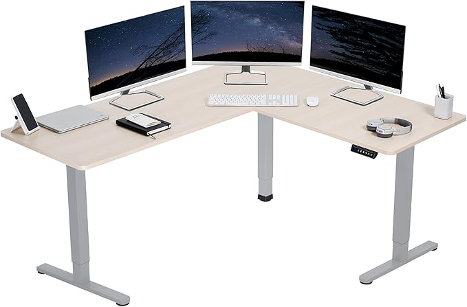 VIVO Electric Corner 63 x 55 inch L-Shaped Standing Desk, Memory Height Adjustment, Light Wood Top Gray Frame, DESK-E3CTGC