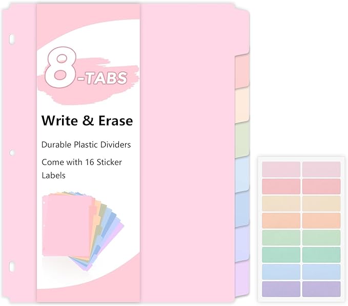 SKYDUE 8 Tab Durable Plastic Dividers, Big Tab Dividers for 3 Ring Binder, Write & Erase 3 Ring Binder Dividers with Tabs, with Sticker Labels, 1 Set, Aesthetic Pastels Binder Dividers