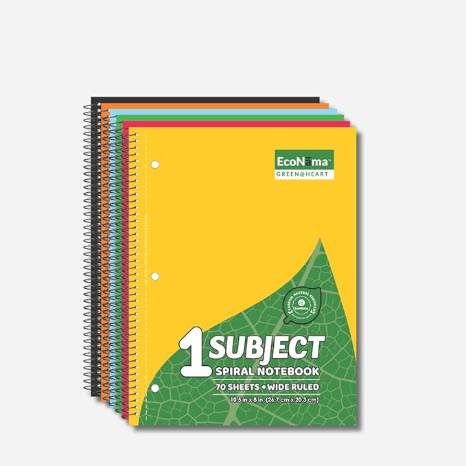 ECONAMA Subject Book Spiral Notebook Pack of 6 Wide Ruled 140 Pages (70 Sheets) 8" × 10.5" Perforated Carbon Neutral 3-Hole Punched Eco-Friendly School & Office Supply Assorted Colors