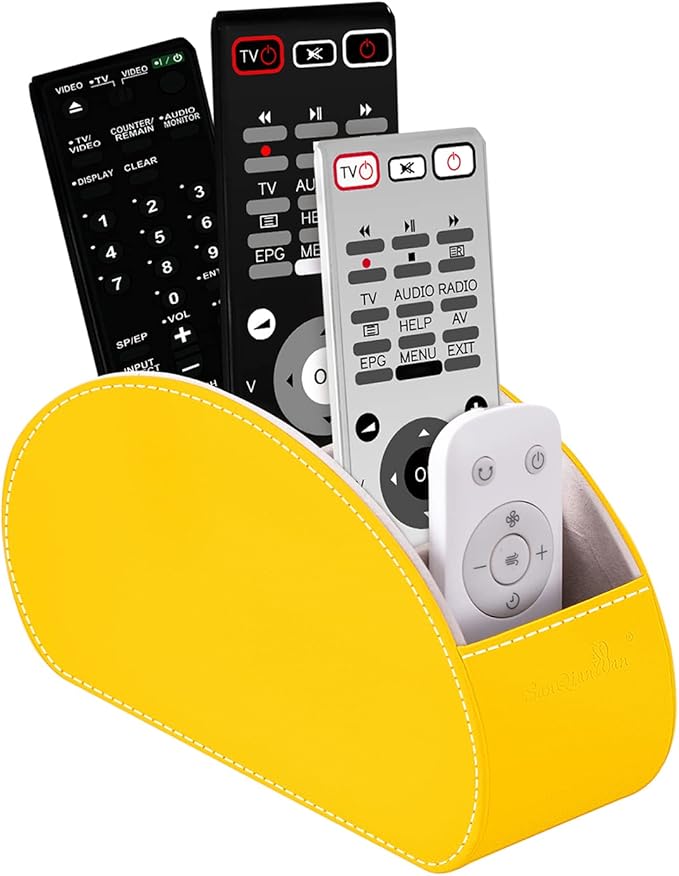 Remote Control Holders Organizer Box with 5 Compartment PU Leather Multi-functional Office Desk Storage Caddy Store Tv Remote for Media Player,Brush,Pencil,Glassees&Office Supplies (Yellow)