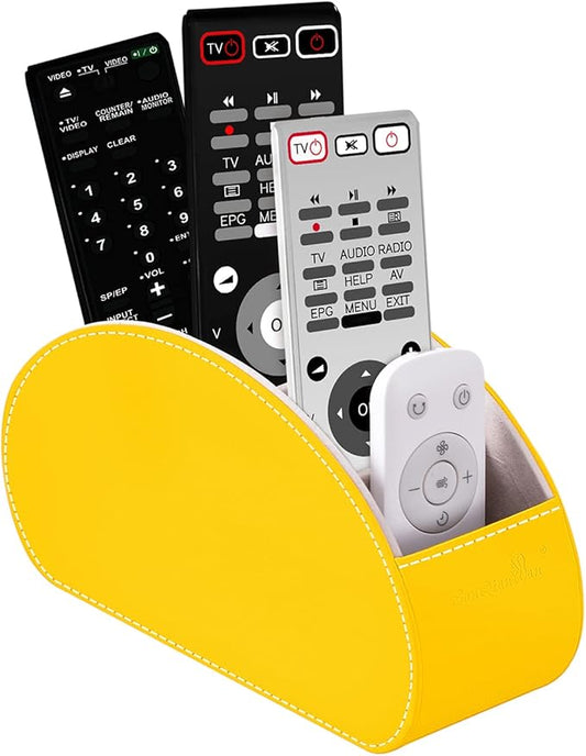 Remote Control Holders Organizer Box with 5 Compartment PU Leather Multi-functional Office Desk Storage Caddy Store Tv Remote for Media Player,Brush,Pencil,Glassees&Office Supplies (Yellow)
