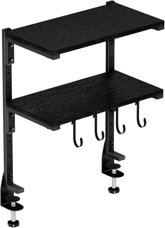 AUATRONNE Clamp-on Desk Shelf, 13 inch Above or Below Desk 2-Tier Shelving, Adjustable Metal Storage Tray for Gaming Devices or Office Desk Accessories and More, Black, Patent Pending