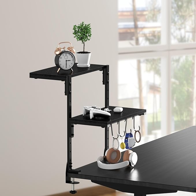 AUATRONNE Clamp-on Desk Shelf, 13 inch Above or Below Desk 2-Tier Shelving, Adjustable Metal Storage Tray for Gaming Devices or Office Desk Accessories and More, Black, Patent Pending