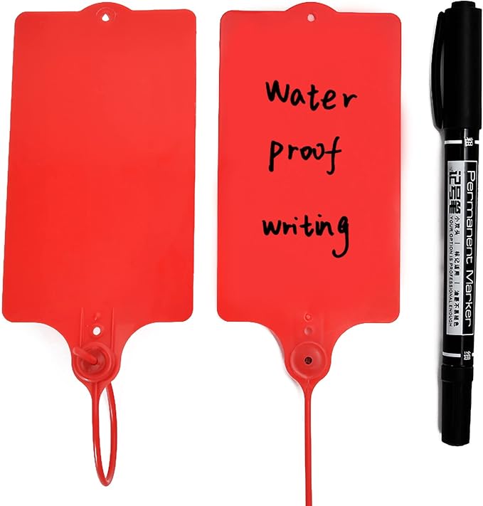 100 Plastic Shipping Tags - Waterproof, Writable, Hanging Tags with One Red Marker Pen