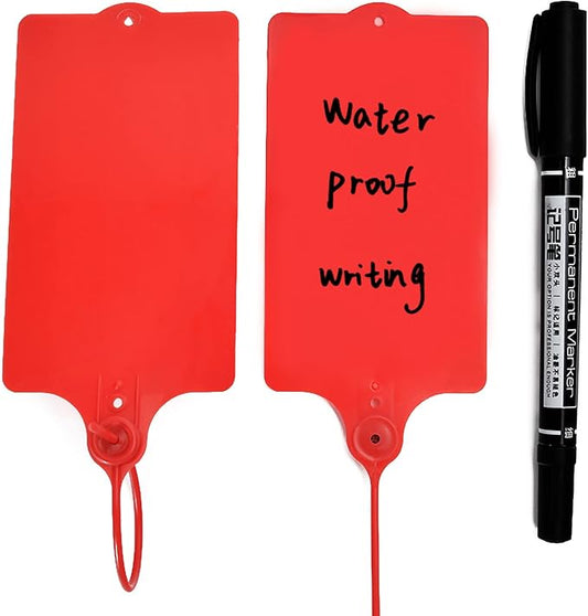 100 Plastic Shipping Tags - Waterproof, Writable, Hanging Tags with One Red Marker Pen