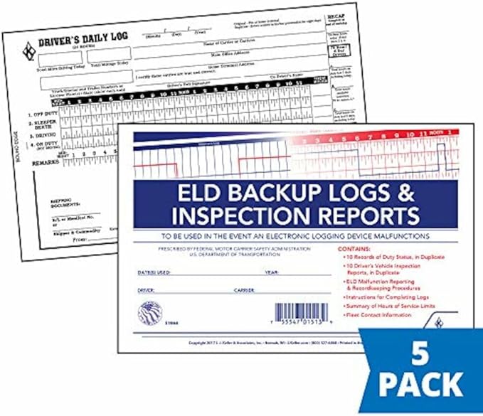 ELD Backup Driver Log Book 5-pk. with Detailed Driver Vehicle Inspection Report & Daily Recap - Book Format, 2-Ply Carbonless, 8.5" x 5.5", 10 Sets of Forms Per Book - J. J. Keller & Associates