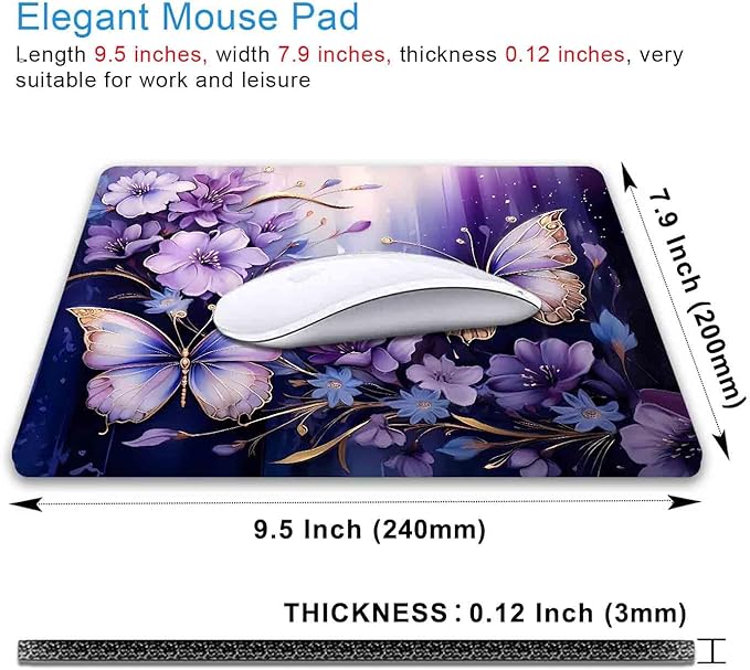 IMAYONDIA Small Mouse Pad Cute, Purple Gold Butterfly Mouse Pads, Modern Flowers Mousepad for Women Girls, Beutiful Mouse Mat Computer Laptop Office, 9.5 X 7.9 Inch