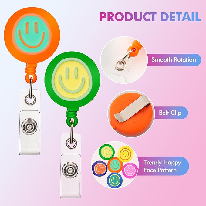 6Pcs Cute Badge Reel Set – Happy Face Retractable Badge Holder with Clip, ID Badge Reel for Nurses, Teachers, Hospital, Office & School (Colorful)