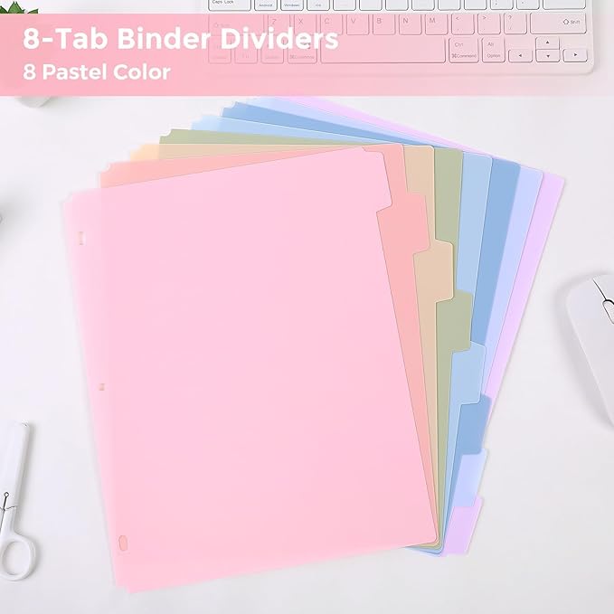 SKYDUE 8 Tab Durable Plastic Dividers, Big Tab Dividers for 3 Ring Binder, Write & Erase 3 Ring Binder Dividers with Tabs, with Sticker Labels, 1 Set, Aesthetic Pastels Binder Dividers