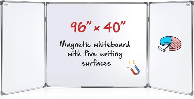 96” x 40 ” Foldable Whiteboard Dry Erase Board Large Tri Folding Whiteboard Magnetic Dry Erase Board, Wall Aluminium Frame and Flip Out Pen Tray for Office, Home