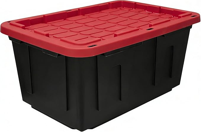 4-Pack Heavy Duty 27 Gallon Plastic Storage Bins with Lids - Stackable Large Storage Totes for Garage, Home Organization & Moving Supplies (Black Bases & Red Lids)