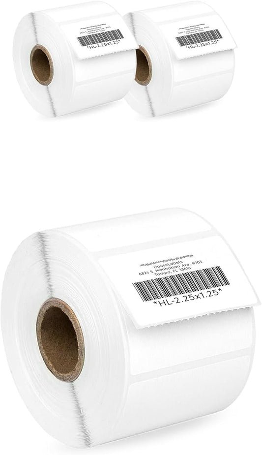 HOUSELABELS 2.25" x 1.25" Address Labels on 1" Core Compatible with Zebra and Rollo Printers, 3 Rolls / 1,000 Labels per Roll