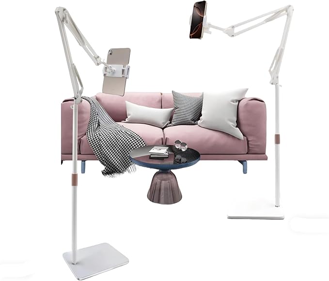 Hosann Century Tablet Floor Stand,360 Degree Adjustable Height Stretchable Arm Swivel Dual Holder,Compatible with 4.7-12.9inch Smart Phone/Tablet Kindle ipad Stand Floor (White)