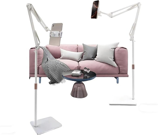 Hosann Century Tablet Floor Stand,360 Degree Adjustable Height Stretchable Arm Swivel Dual Holder,Compatible with 4.7-12.9inch Smart Phone/Tablet Kindle ipad Stand Floor (White)