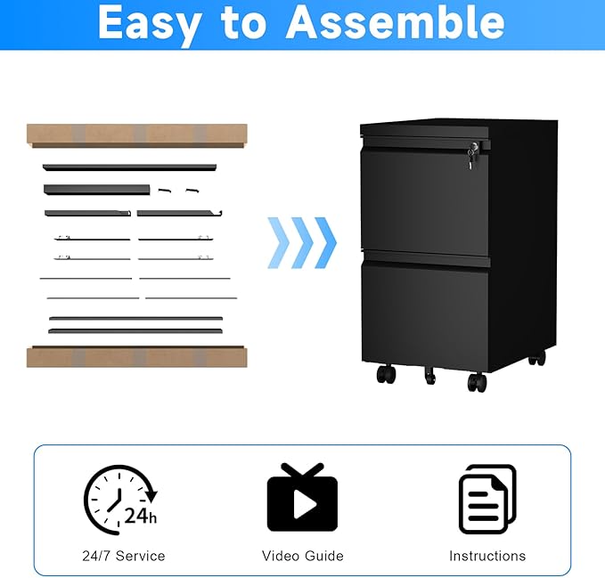 HOMOFFICE 2 Drawer File Cabinet with Lock, Metal Mobile Filing Cabinet on Wheels, Compact Desk Side Storage Cabinet for Home Office, Letter/Legal/A4 File Organizer with Anti-Tip Wheel (Black)