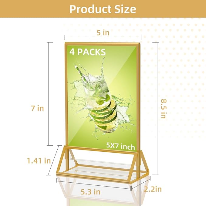 PPH-Sisy Acrylic Sign Holder 5X7 Gold Picture Frame,Double Sided Clear Display Stand , Table Acrylic Stand for Home Office Shop Restaurant (4pcs)