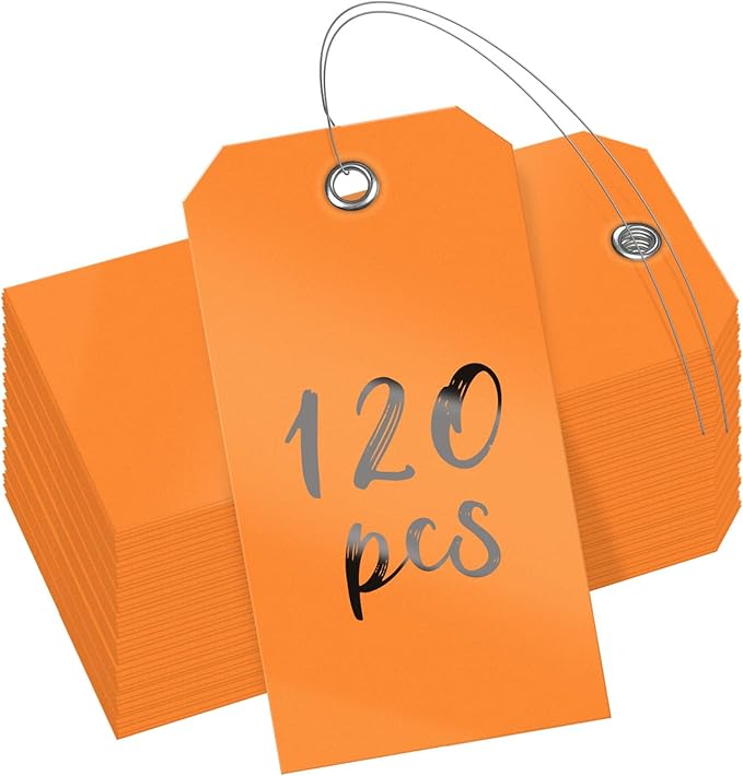 Uniclife 120 Pcs Orange Plastic Tags for Labeling 4.7"x 2 3/8" Plastic Shipping Tag with Wire Writable Waterproof Tag Price Tags with Reinforced Eyelet Blank Hang Label for Luggage, 4.7" L x 2 3/8" W