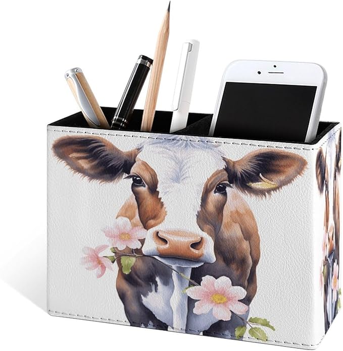 Famame Cow Eating Pink Flowers Pencil Holder for Desk, Leather Desktop Container Pen Cup Storage Study Table Pen Organizer Makeup Brush Holder for Classroom Office Home
