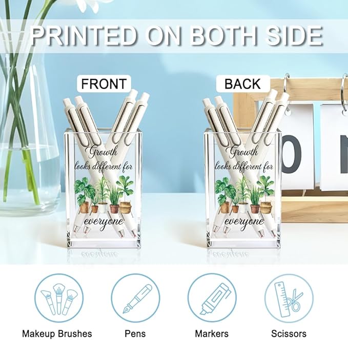 QYUVK Growth Looks Different for Everyone Acrylic Cosmetic Pencil Holder Cup, Funny Plant Pen Holder for Women Teacher, Home Office Classroom Desk Accessories, Inspirational Gifts for Coworker Friend