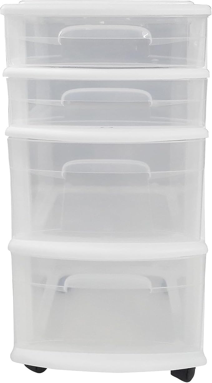 HOMZ 2-Pack Drawer Tower, 4-Tier Clear Plastic Storage Organizer Cart, White Frame - Organizing Containers with Wheels for Home, Bathroom, Bedroom, Office, and Classroom