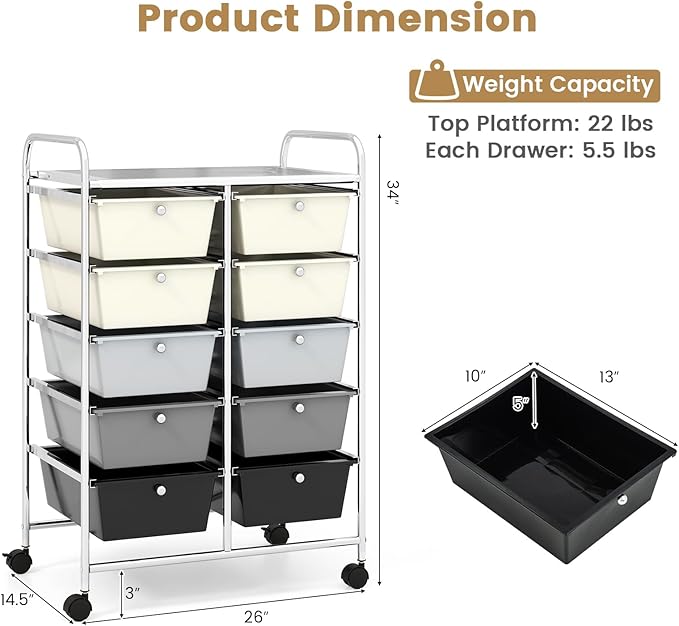 HAPPYGRILL 10-Drawer Rolling Storage Cart, Storage Organizer Cart with Lockable Wheels, Beauty Salon Movable Utility Cart for School, Office, Home, (Grey Gradient)