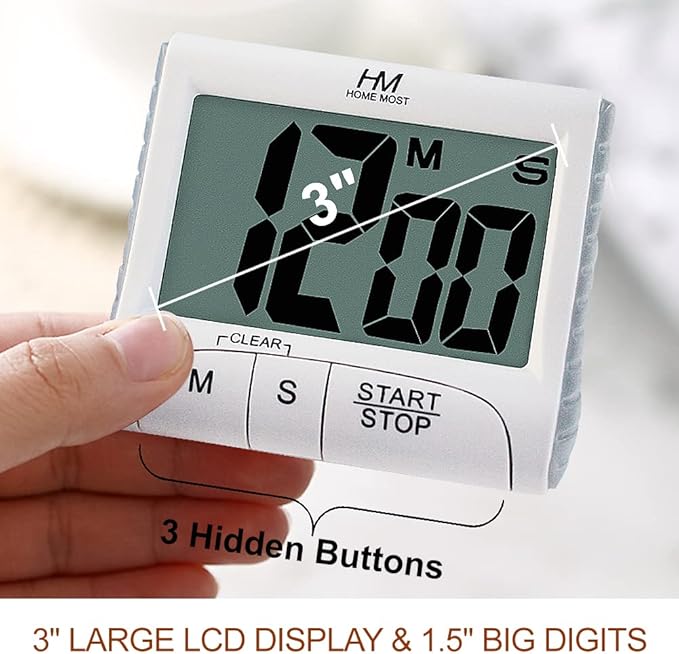 HOME MOST 3" Large Display Kitchen Timer - Digital Timer Magnetic Back Loud Alarm On A Rope- White Cooking Timers For Kitchen Teachers Students Games Kids Meetings- Sports Timers For Workouts Exercise