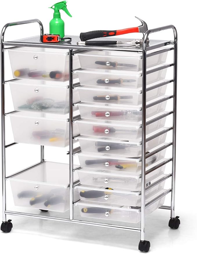 DORTALA 15-Drawer Rolling Storage Cart with Drawers, Rolling Utility Cart w/Removable Drawers & Universal Wheels, Tools Scrapbook Paper Organizer for School, Office, Home, Classroom (Clear)