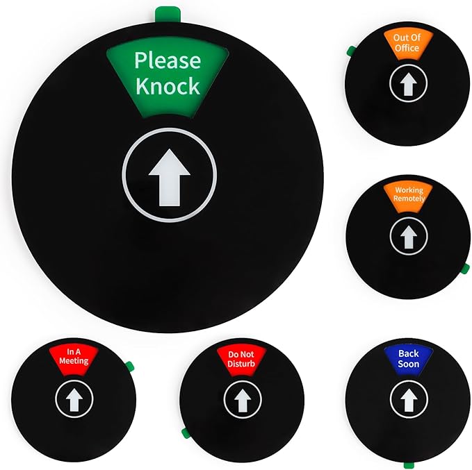 6-Sided Office Door Sign with Magnetic & Adhesive Backing - Rotating Privacy Indicator for Meeting, Do Not Disturb, Remote Work, Please Knock, Out of Office, Back Soon - 6 inch Silver ABS Door Hanger (Black, 6-Mode)