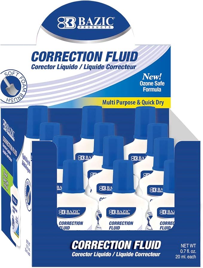 BAZIC Products Correction Fluid (0.7oz/20 ml), Foam Brush Applicator, Corrections Pen, White Out Liquid, Total 576-Count