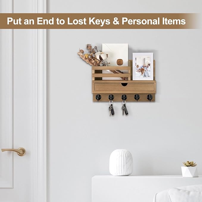 Lucundm Key Holder Wall Mount, Mail Holder with Storage Drawer and 5 Key Hooks for Coat, Dog Leash, Home Decor Rack, House Accessories, Entry Way Organizer (Light Brown)