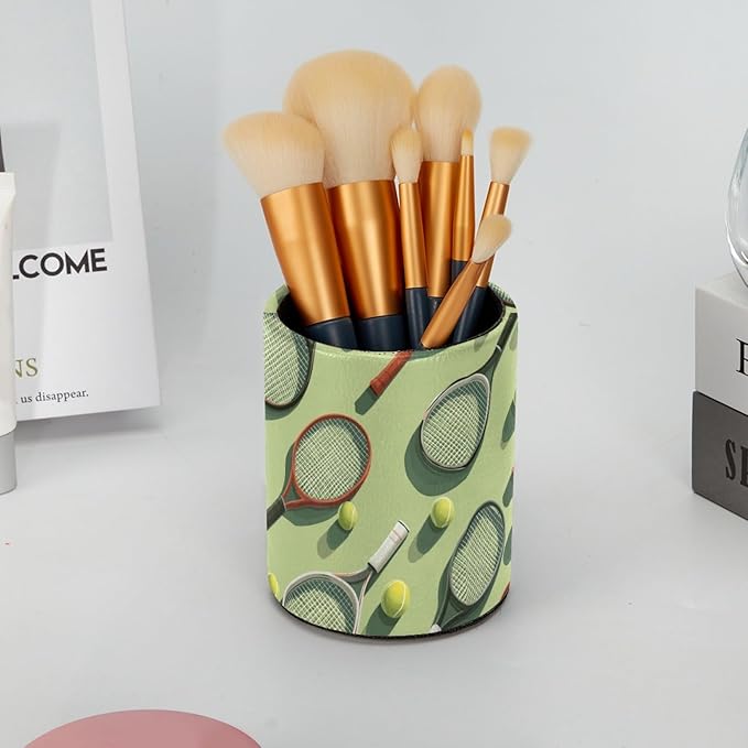 Leather Pen Holder for Desk Tennis Balls Racket Painted Pencil Cup Desktop Organizer Makeup Brush Holders Office Supplies for Home, Kids & School