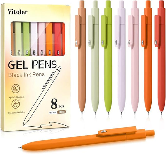 Piochoo Gel Pens, 8 Pcs 0.5mm Black Ink Pens Fine Point Smooth Writing Pens, High-End Series Pens for Journaling Note Taking, Cute Office School Supplies Gifts for Women Men
